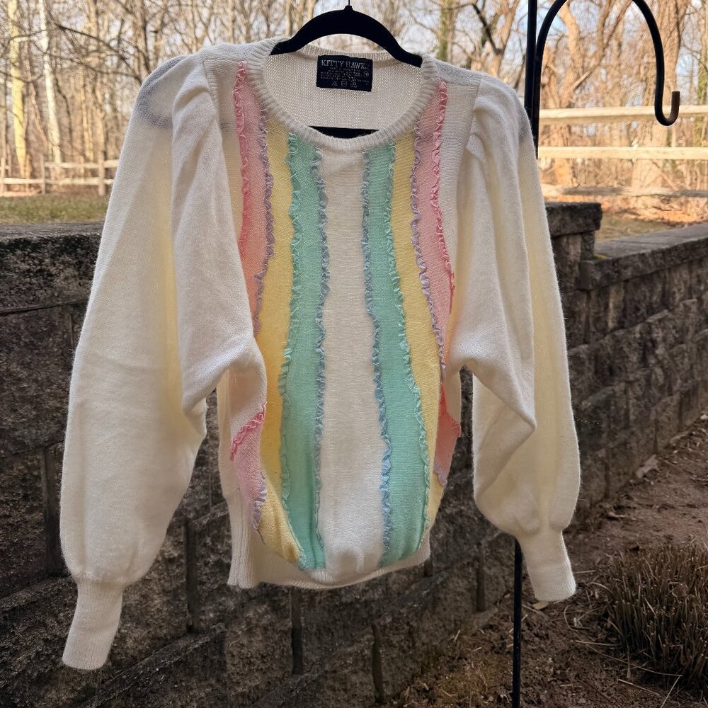 Vintage 80s Kitty Hawk Pastel Ruffle Puff Sleeve Sweater